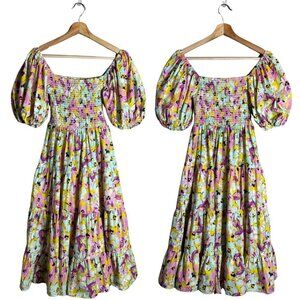 Pinch Puff Sleeve Floral Tiered Midi Dress Womens Small Smocked Boho Cottagecore